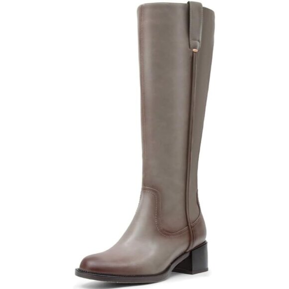 Women's Grey Chunky Low Block Heel Round Toe Faux Leather Knee High Boots